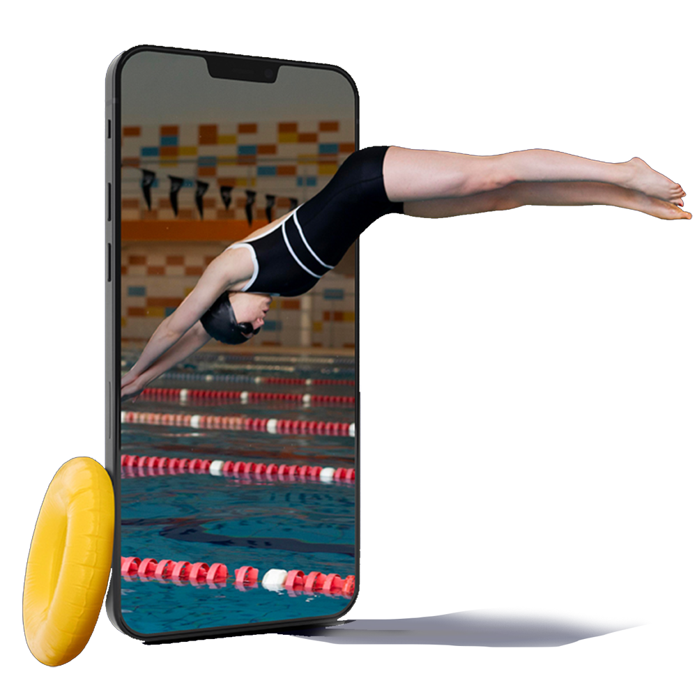 Swimming girl jumping into pool with phone design